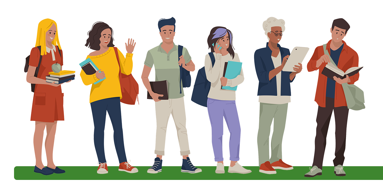 Several animated people holding books